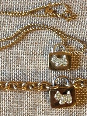 RARE Agatha Paris Gold Crystal Scottie/Cross Ball Chain Necklace & Bracelet Set